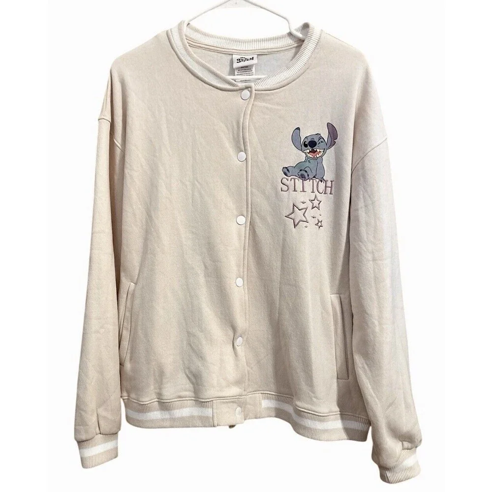 Disney Stitch Baseball Varsity Jacket Size XL Beige Cream Ohana Print - Picture 2 of 8